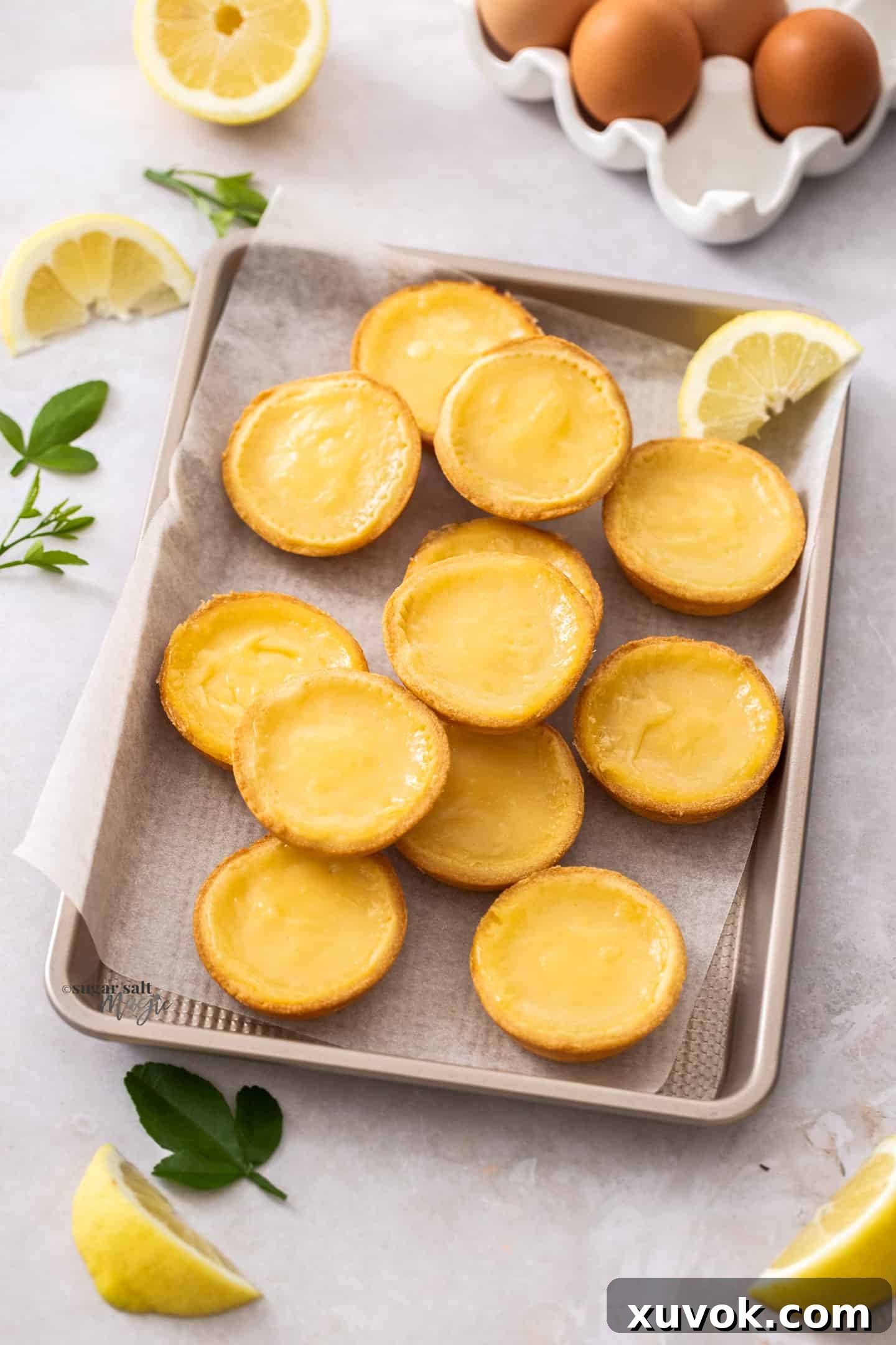 A golden tray brimming with homemade lemon tartlets, garnished with fresh lemon slices.
