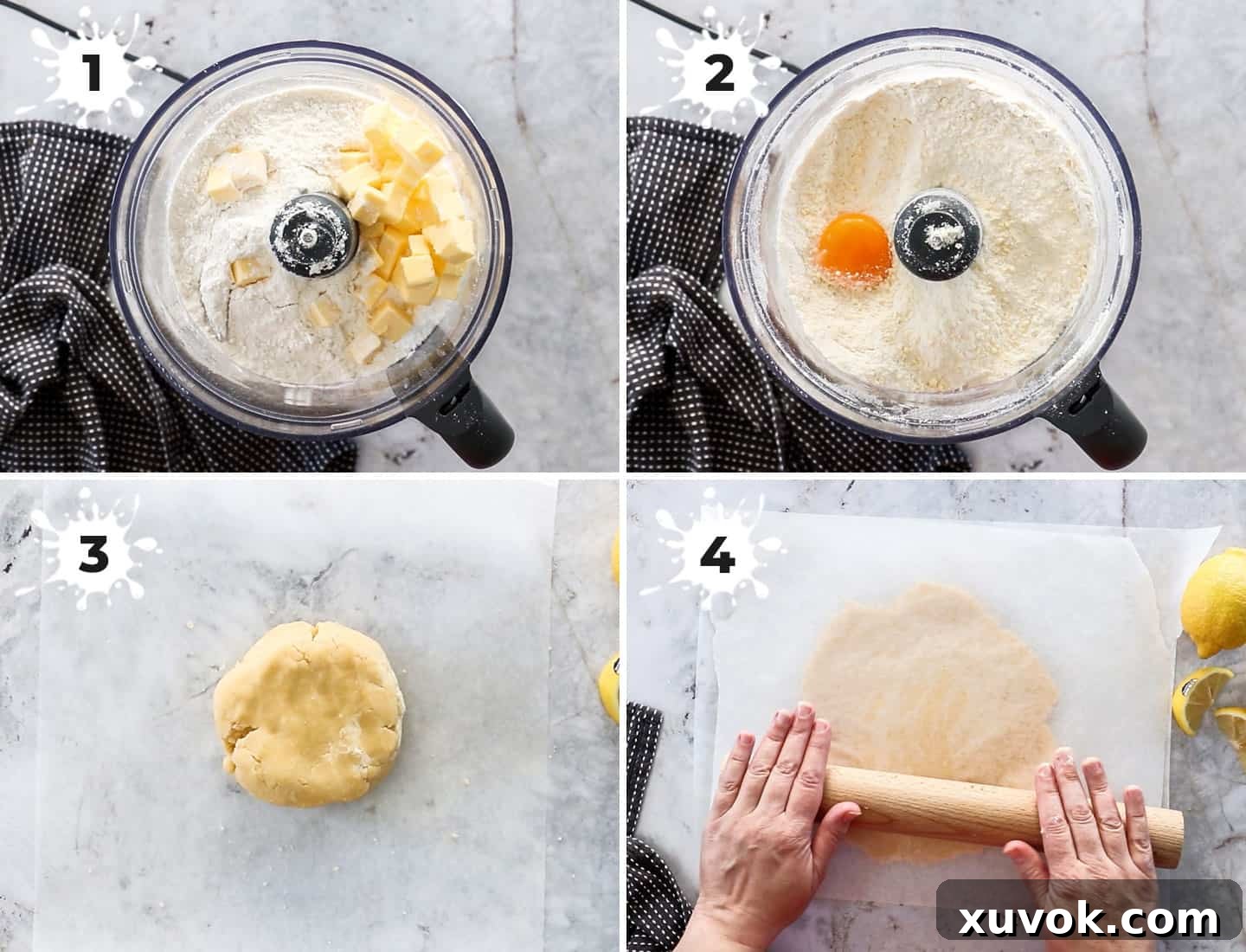 A visual guide showing four key stages of preparing shortcrust pastry for tartlets, from mixing to rolling.