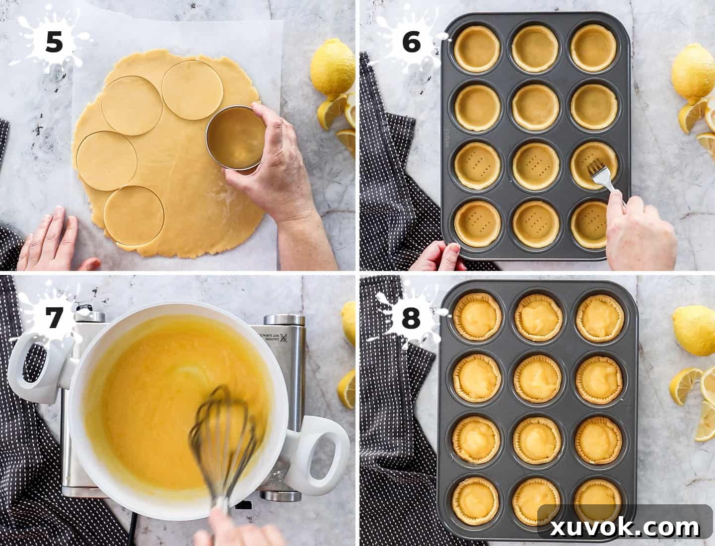 A four-image collage demonstrating the assembly process of lemon tartlets, from shaping shells to filling with curd.