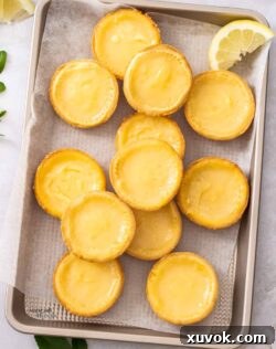 A golden tray filled with lemon tartlets.