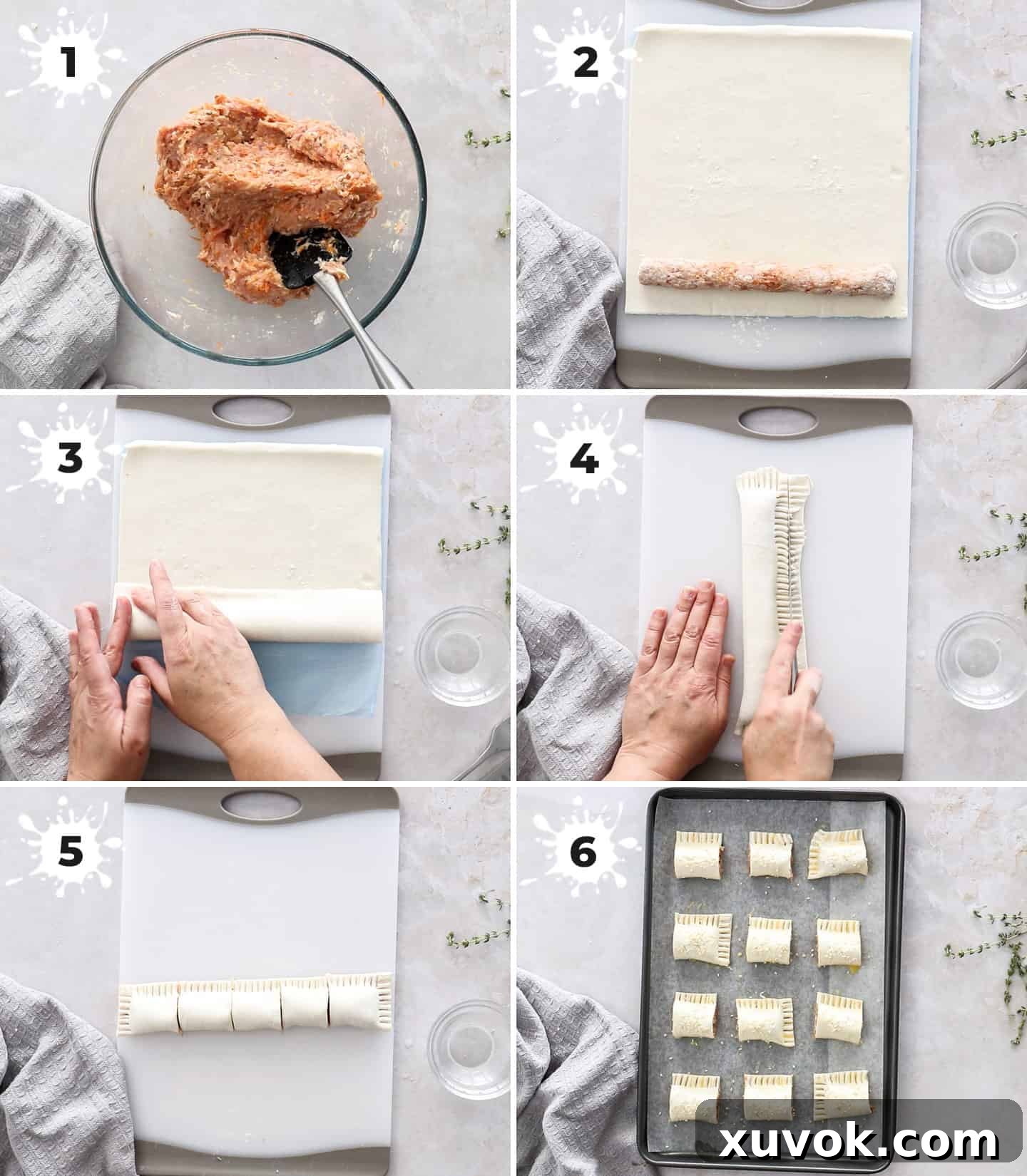 A collage of 6 step-by-step images demonstrating the process of making chicken sausage rolls, from mixing the filling to shaping and baking.