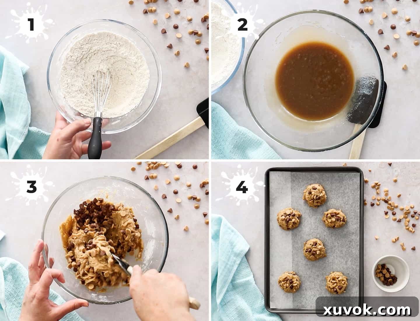 A step-by-step collage illustrating the simple process of making Caramilk cookies.