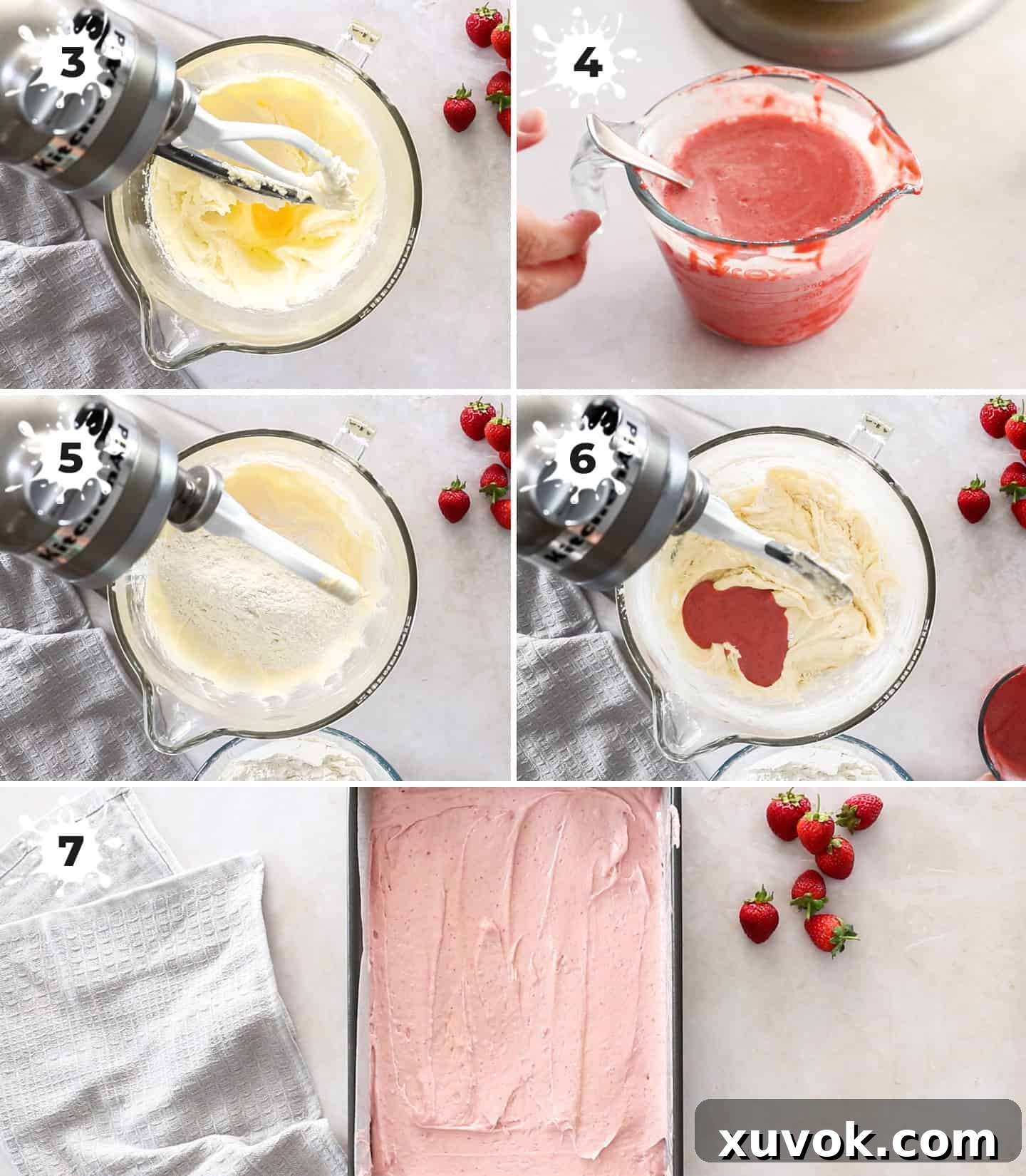 A collage of 5 images showing the process of making strawberry cake batter, including mixing ingredients in a stand mixer.