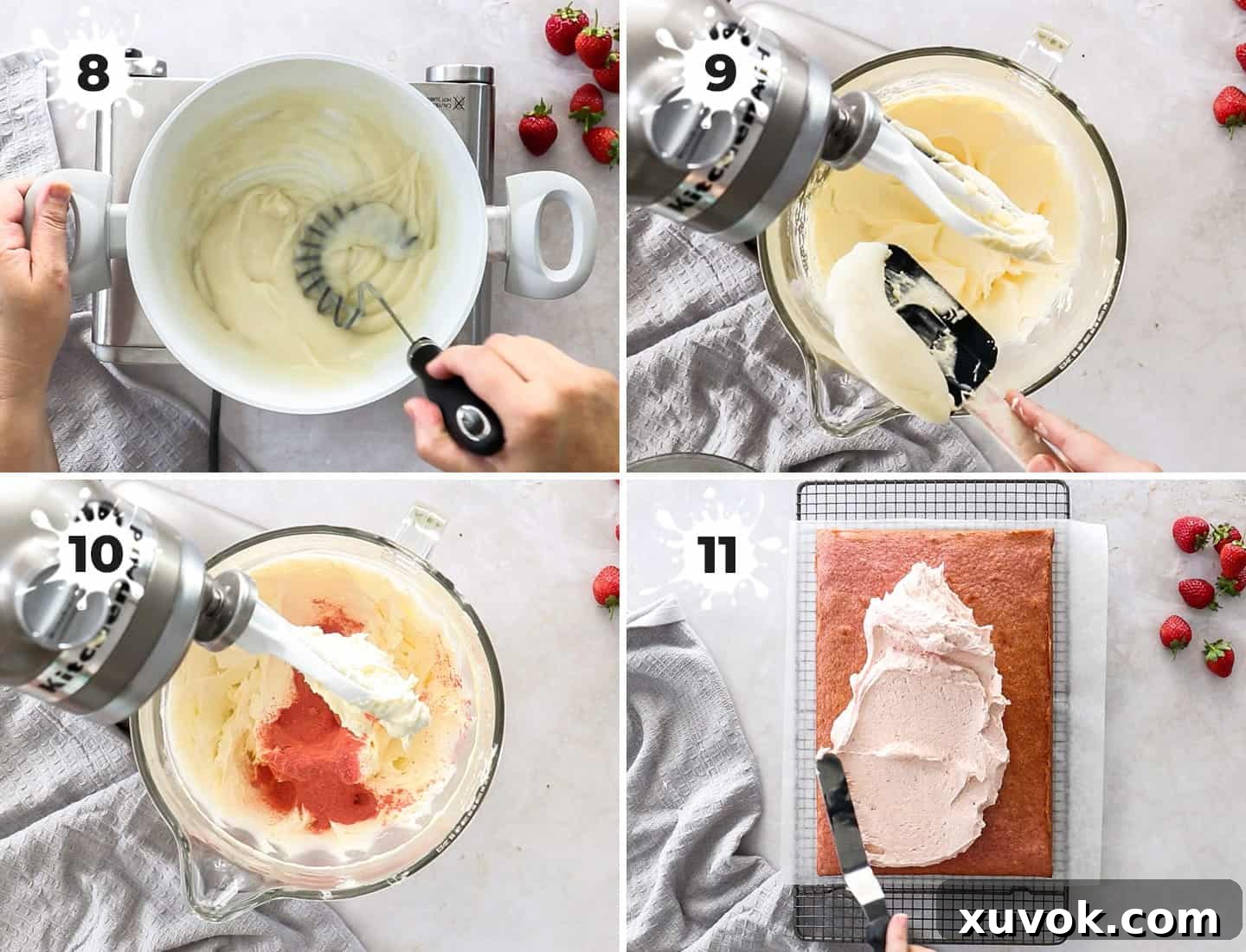 A collage of 4 images demonstrating the steps to make creamy strawberry ermine frosting.