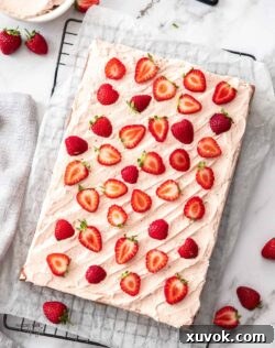 Top down view of a strawberry sheet cake, beautifully frosted and decorated.