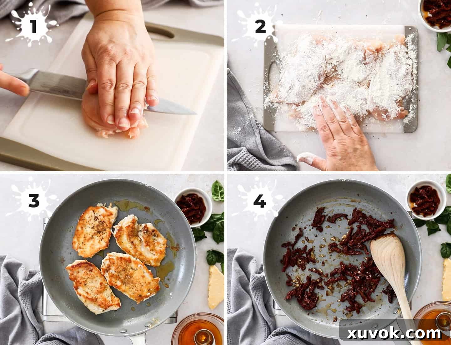 A collage of 4 images showing how to prep and cook the chicken for creamy Tuscan chicken, including slicing, seasoning, and searing.