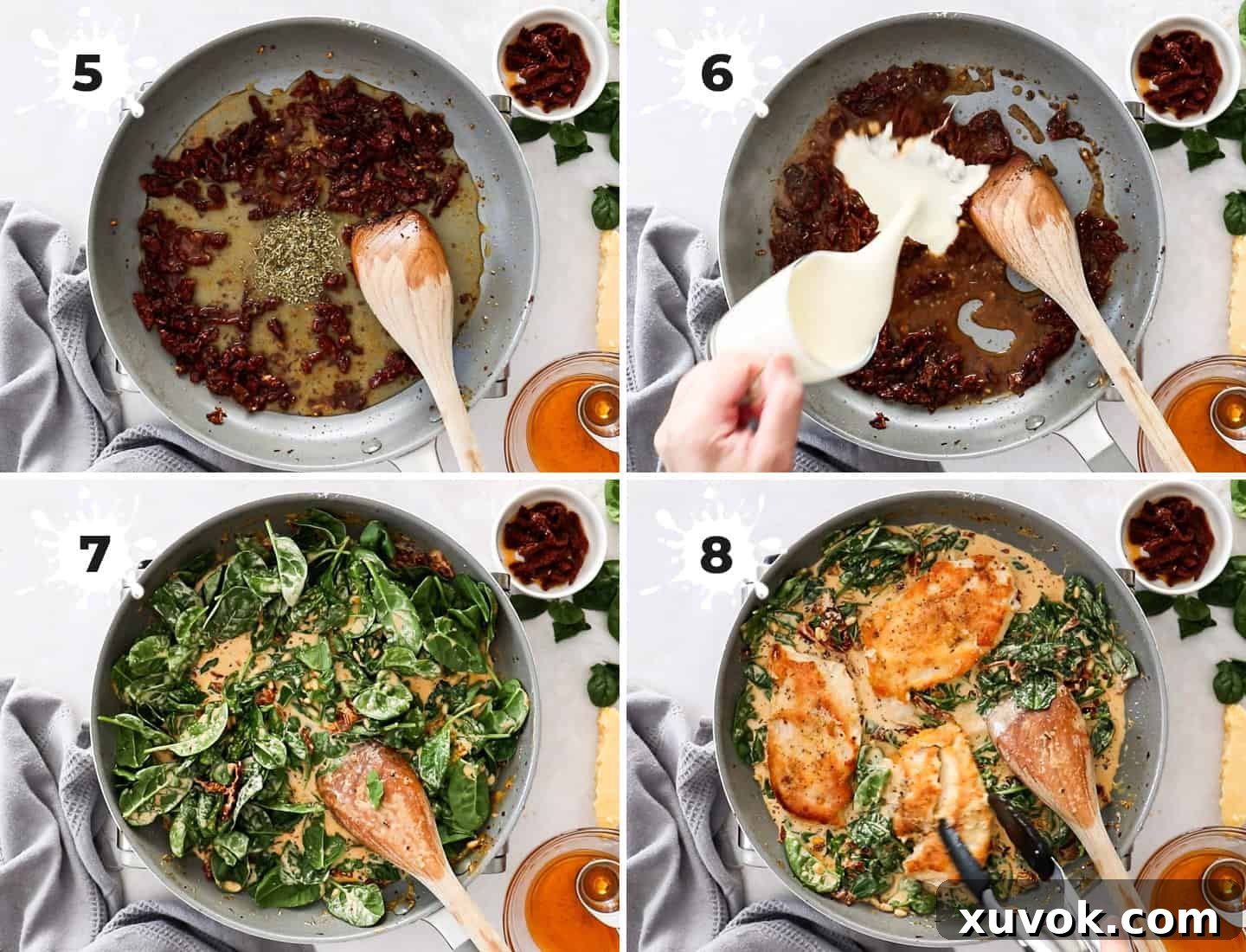 A collage of 4 images showing how to finish making tuscan chicken, adding cream, spinach, and returning the chicken to the sauce.