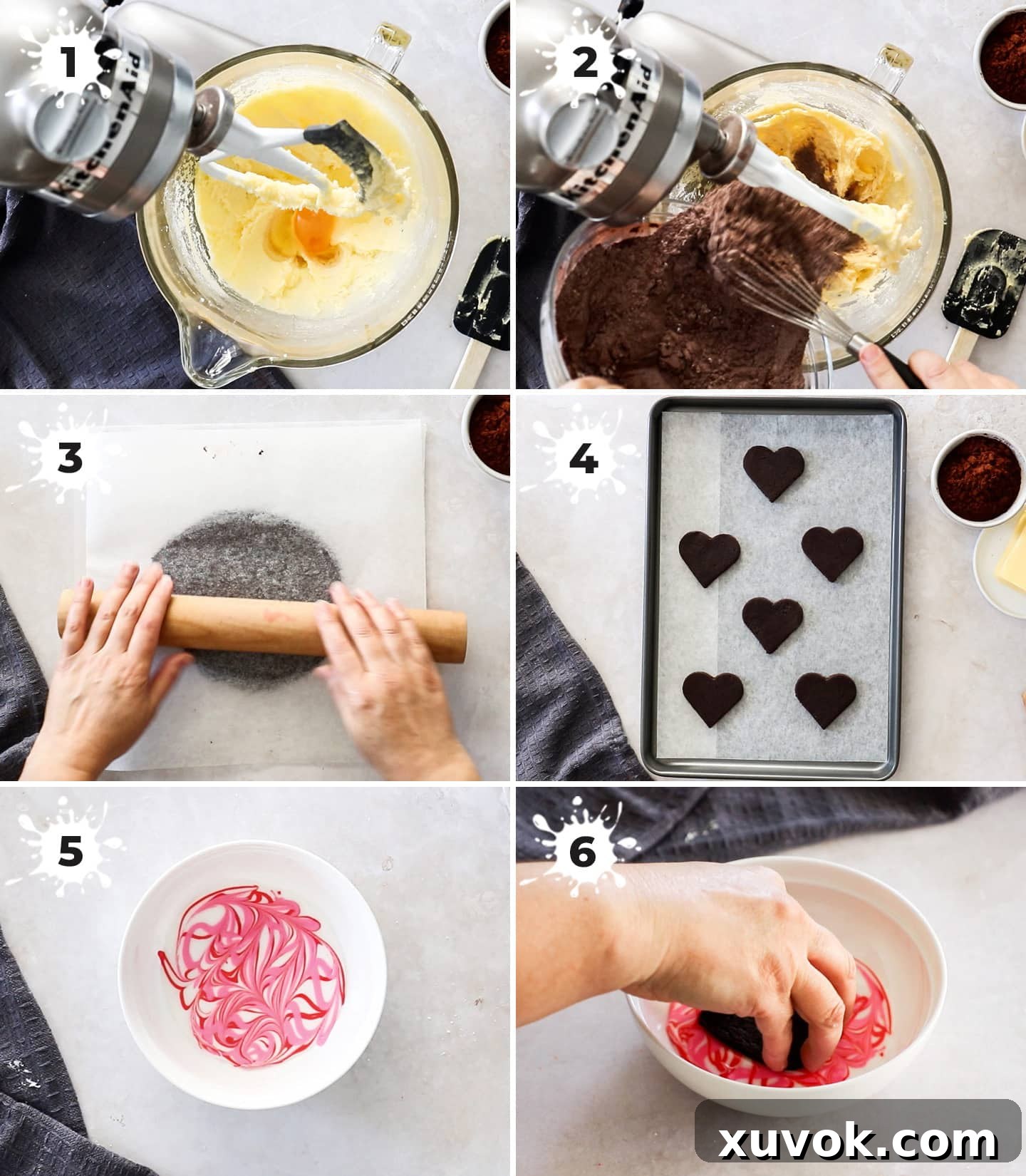 A collage of 6 images showing how to make chocolate sugar cookies.