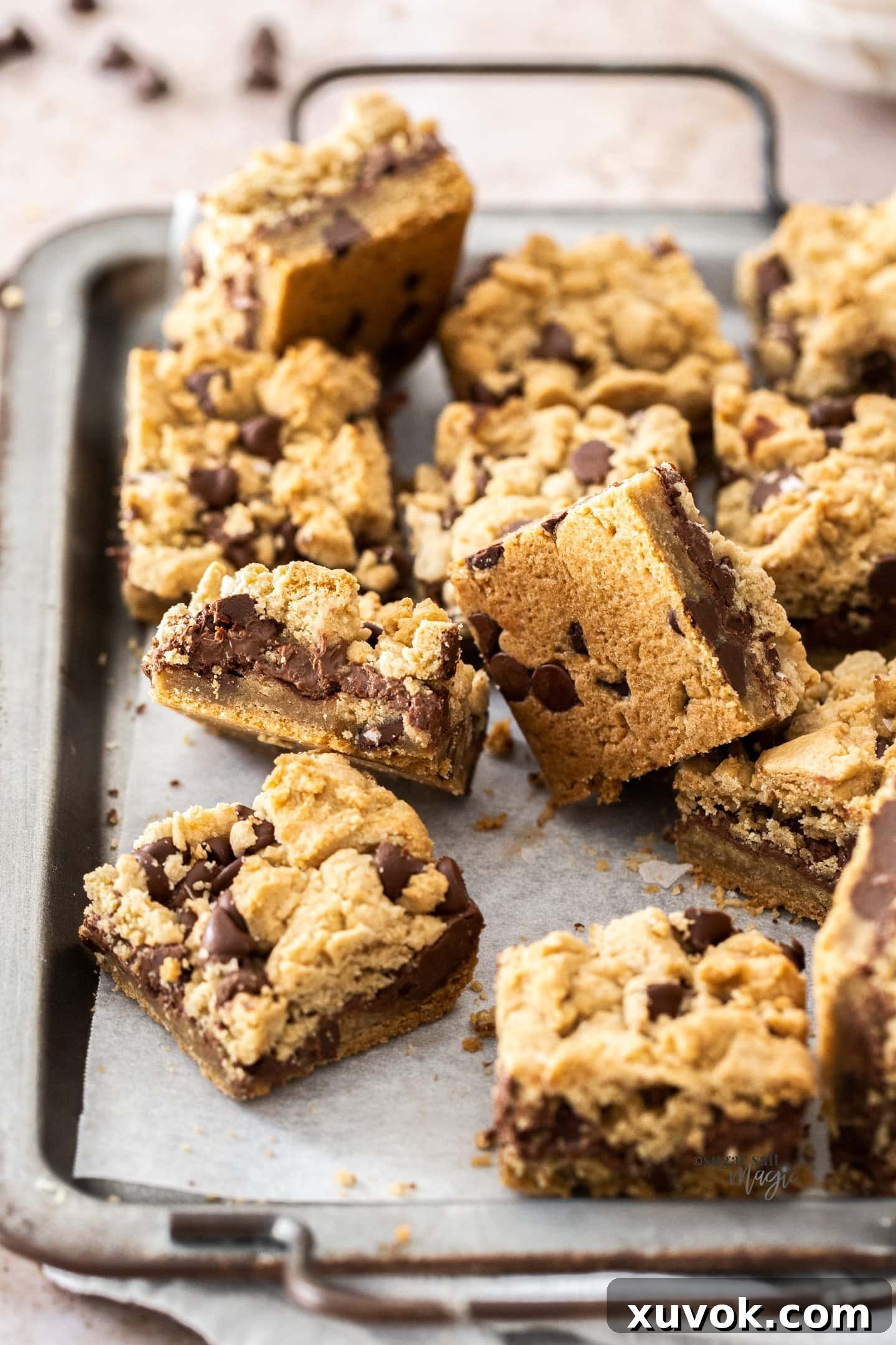 Irresistible squares of golden-brown chocolate chip Nutella bars, showcasing a rich, gooey Nutella layer, arranged beautifully on a rustic pewter tray.