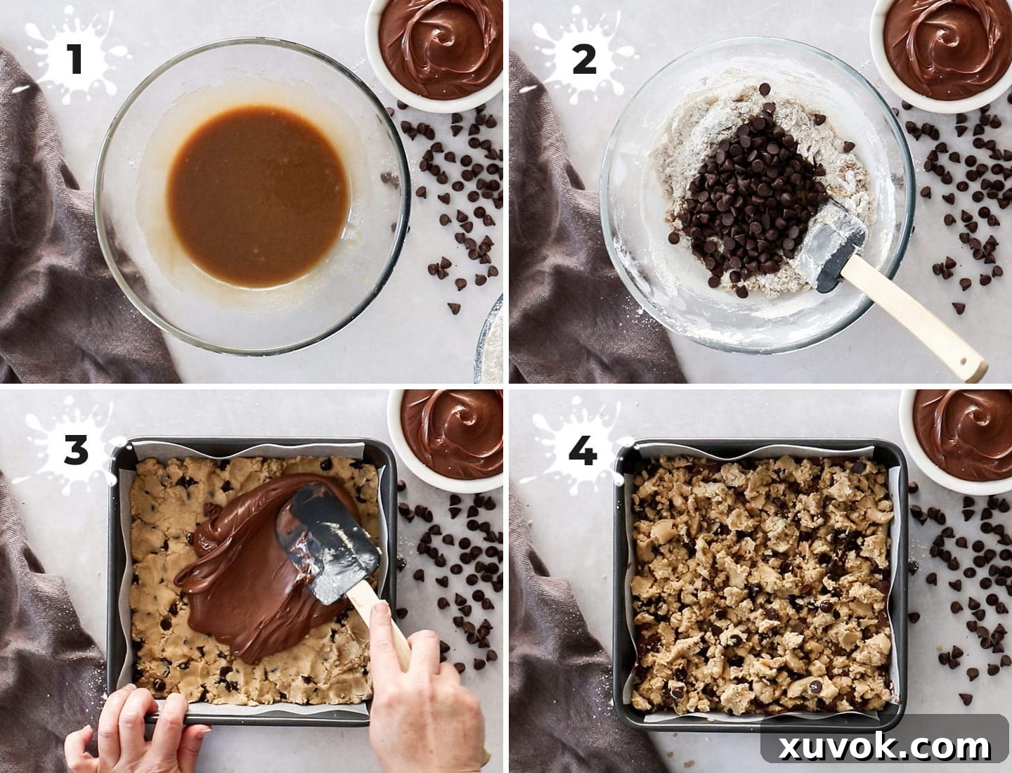 A step-by-step collage demonstrating the simple process of making chocolate chip Nutella bars, from mixing ingredients to layering in the pan.