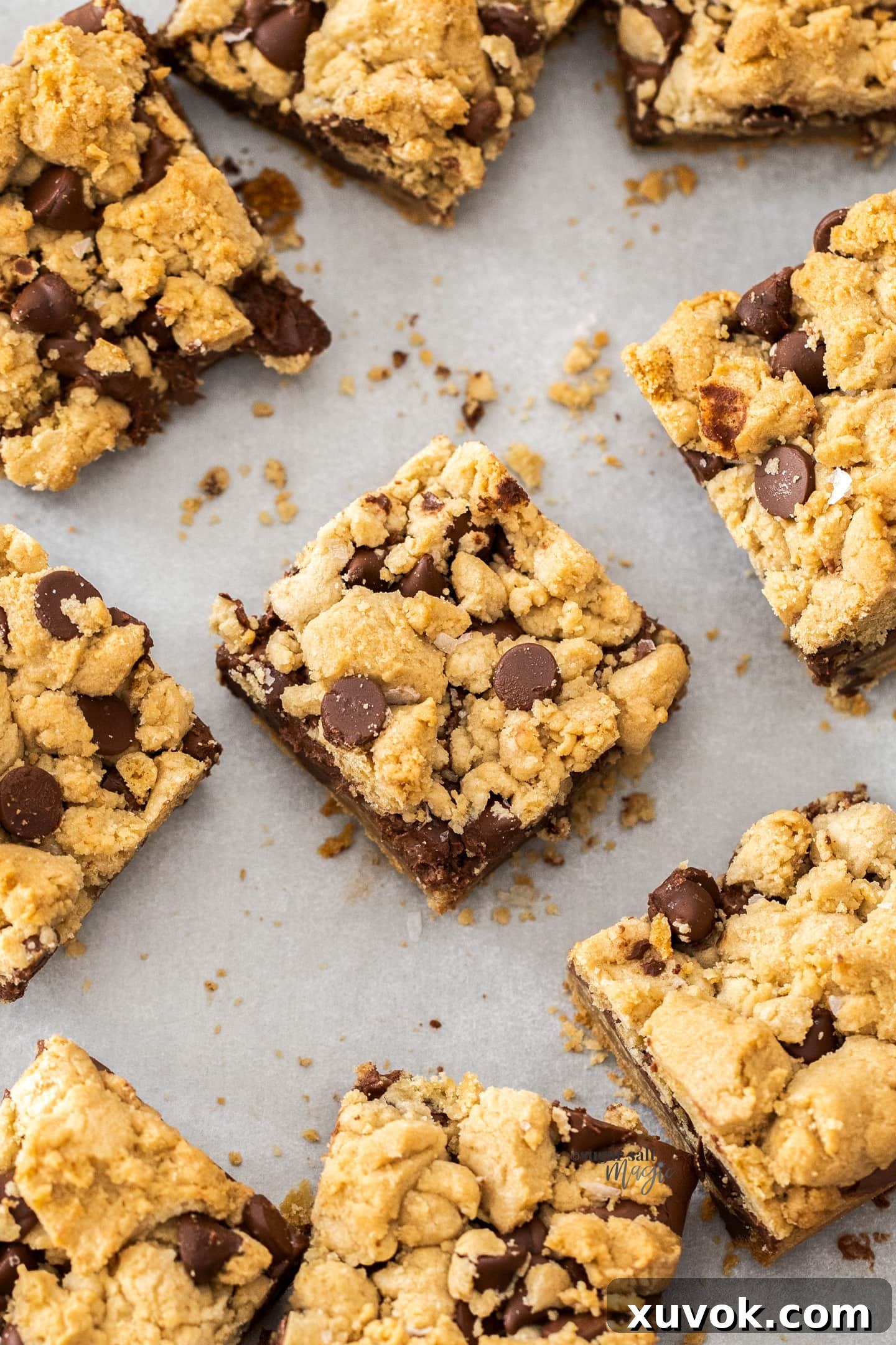 A perfect top-down view of precisely cut, square-shaped chocolate chip Nutella bars, arranged on a sheet of parchment paper, highlighting their delicious layers.