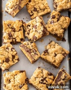 Chocolate chip Nutella bars, some face up, some on their sides, arranged on a pewter tray, ready to be enjoyed.