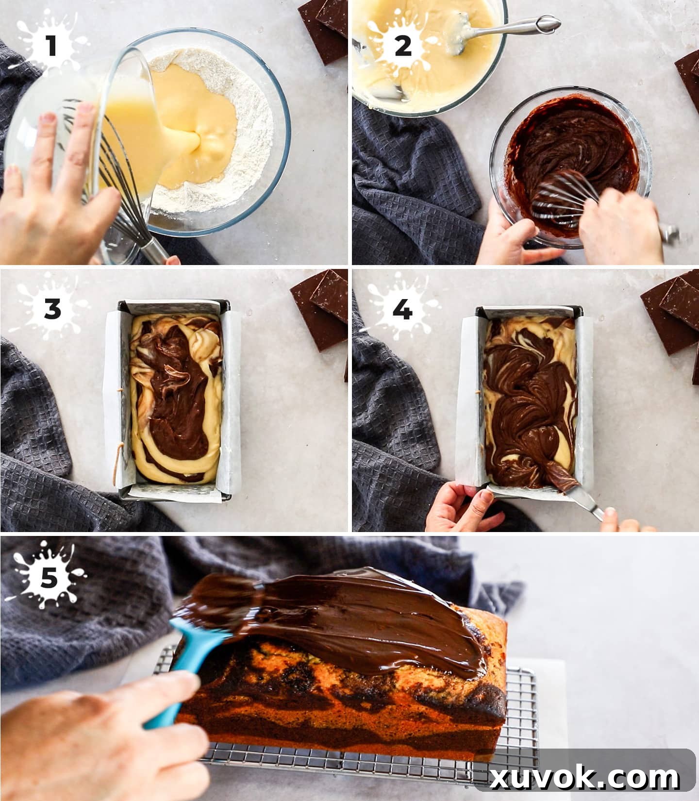 A collage of 5 images showing how to make marble cake.