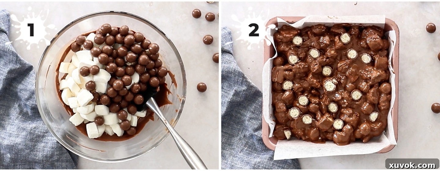 A collage of 2 images showing how to make rocky road.