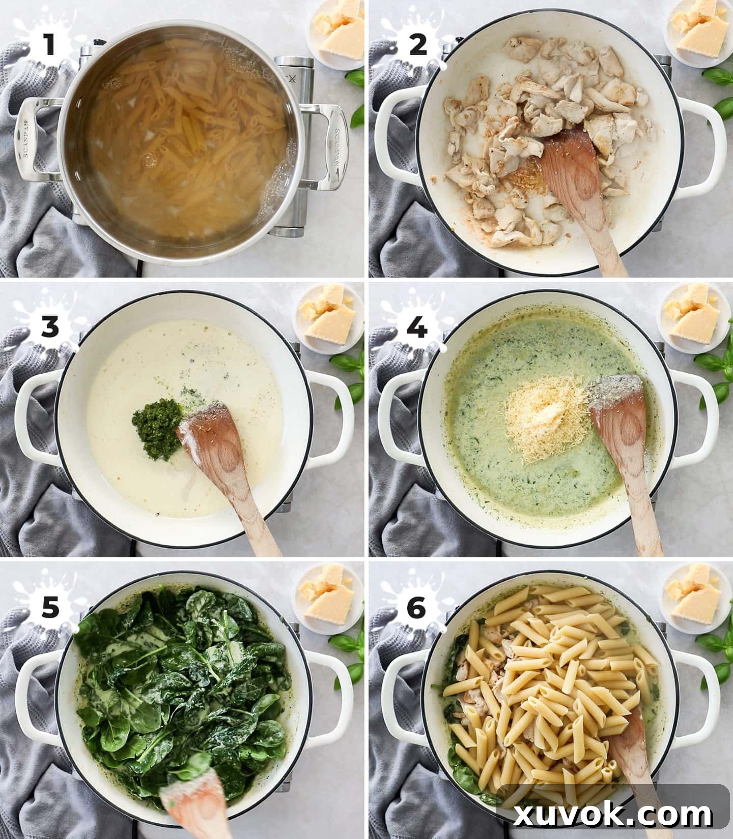 A collage of 6 images showing the step-by-step process of how to make chicken spinach pasta easily.