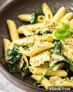 Closeup of cream chicken pasta in a bowl.