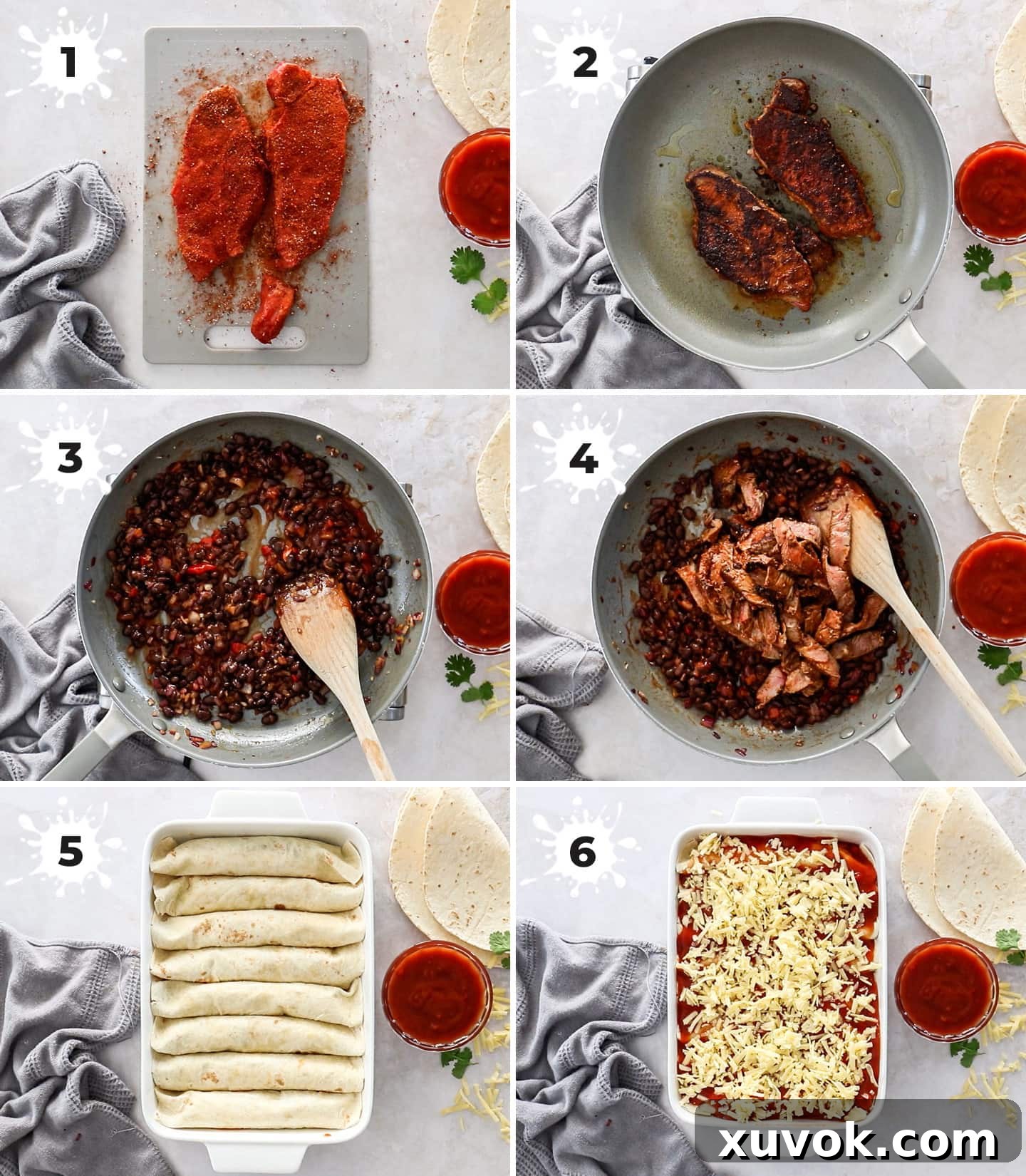 A collage of 6 images showing how to make steak enchiladas.