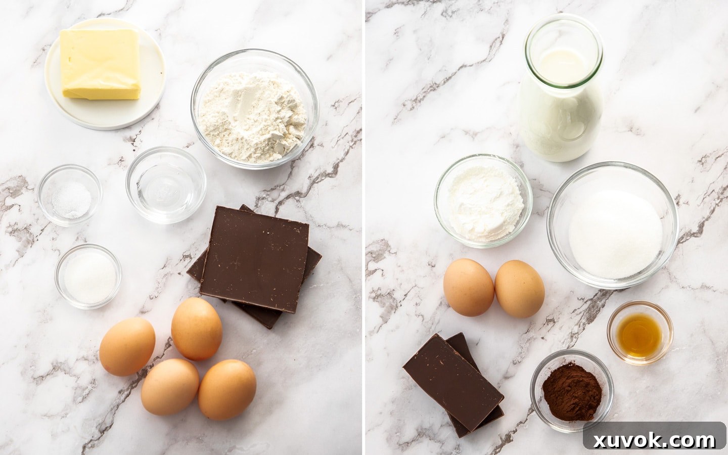 Various ingredients for chocolate chouxnuts artfully arranged on a pristine marble surface.