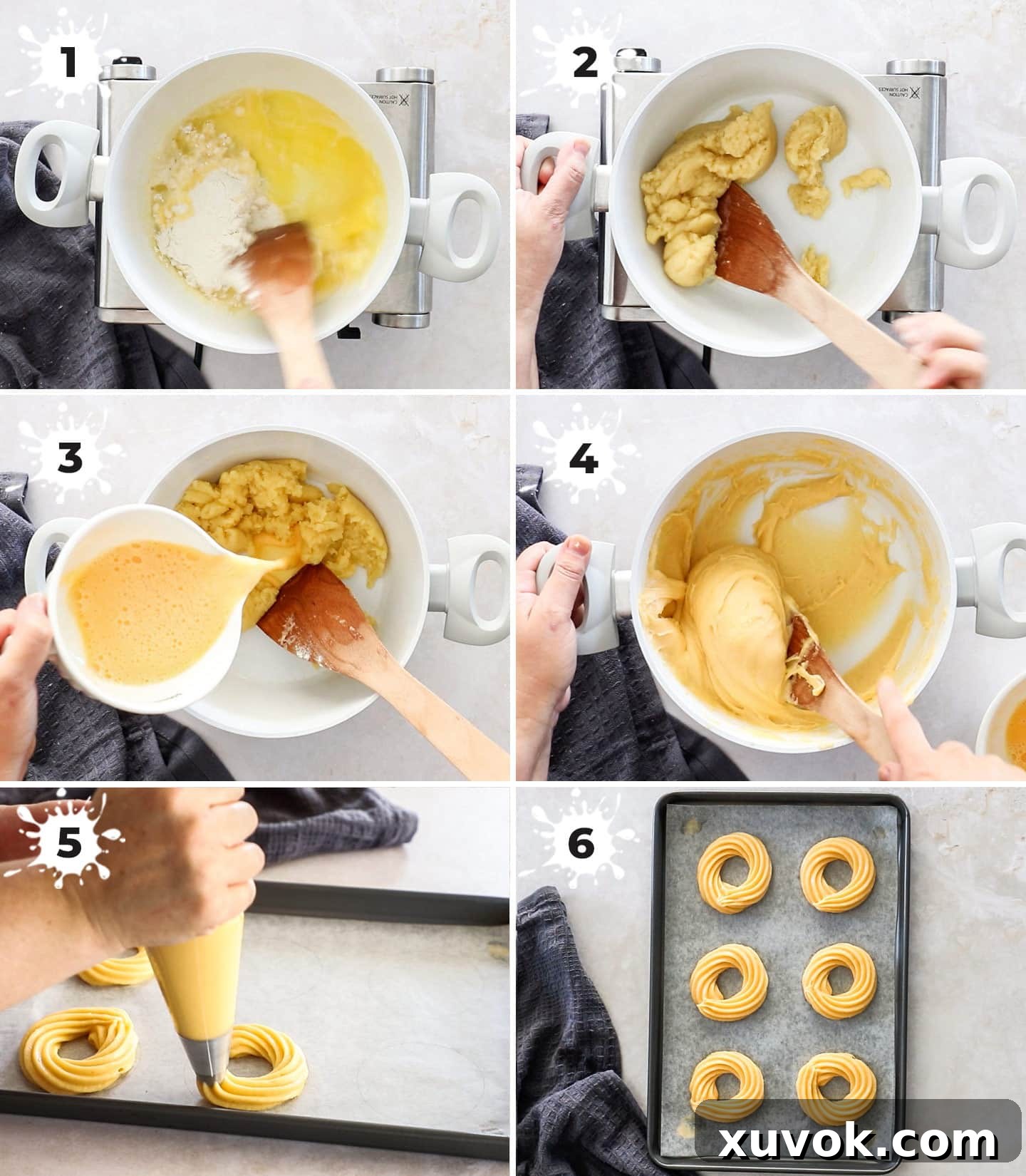 A six-panel collage demonstrating the step-by-step process of preparing choux pastry dough.