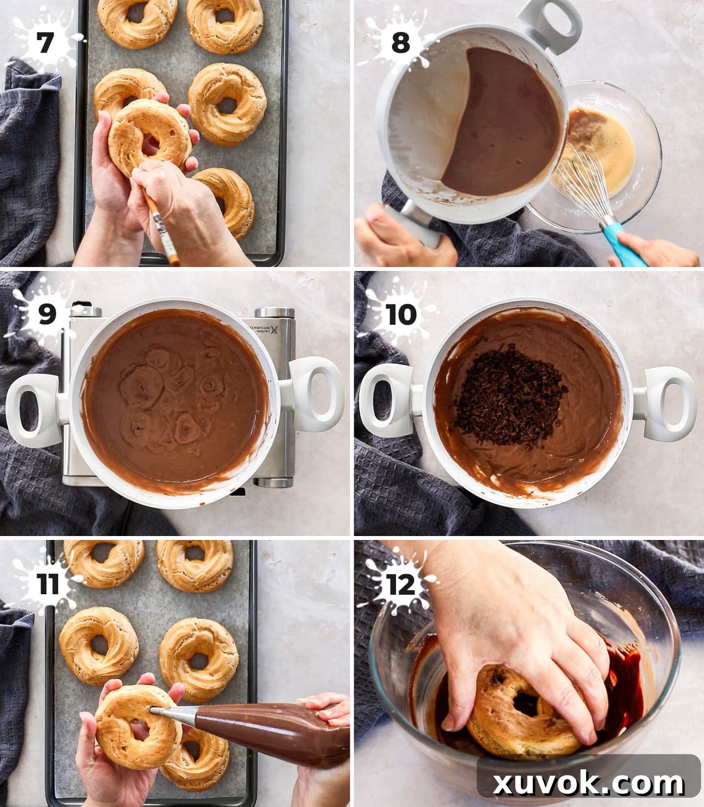 A six-panel collage illustrating the preparation of chocolate pastry cream and chocolate glaze.