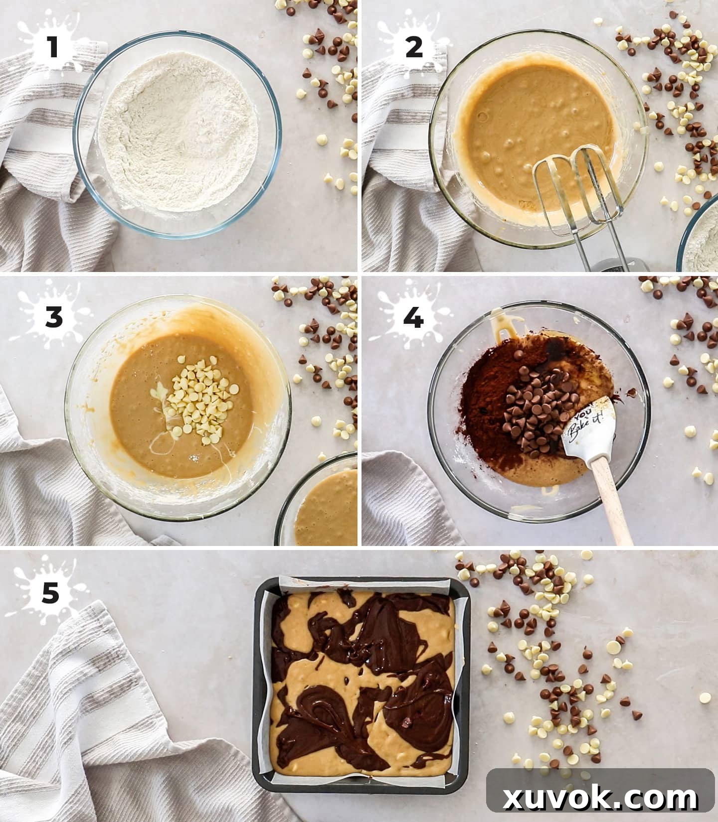 A collage of 5 images showing how to make brownie blondies.