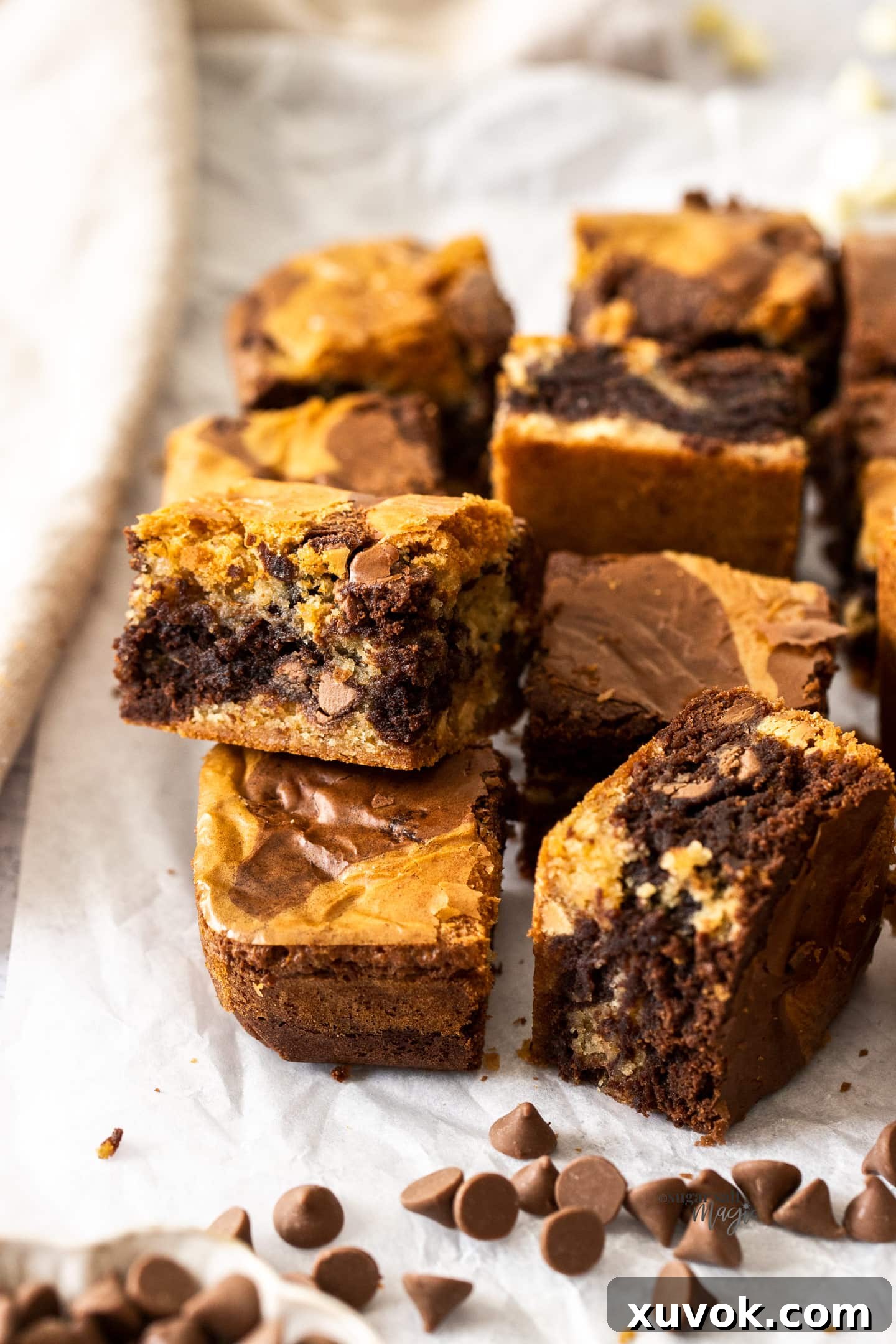 A batch of brownie blondies surrounded by chocolate chips.