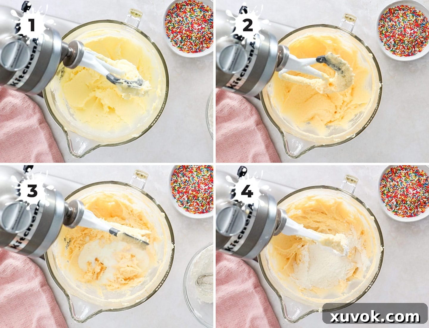 A four-image collage demonstrating the step-by-step process of preparing the smooth and creamy vanilla cake batter for the tray bake.