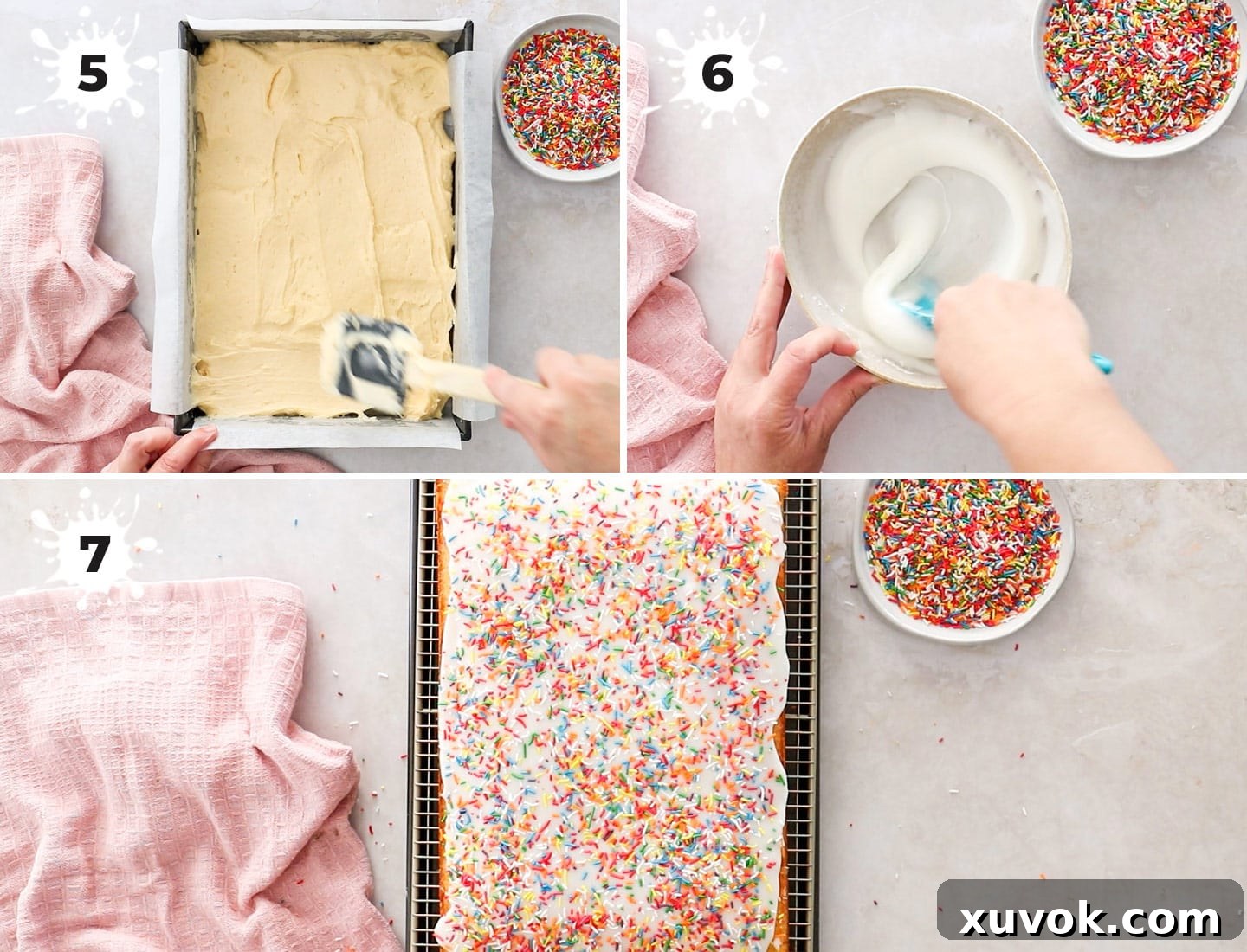 A three-image collage showcasing the simple steps to ice and decorate the vanilla tray bake with a smooth glaze and colorful sprinkles.