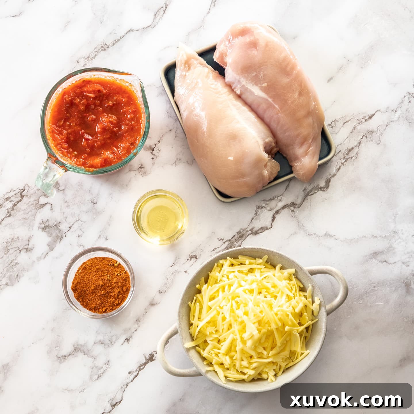 Assorted ingredients for baked salsa chicken, including chicken breasts, salsa, cheese, and seasoning, arranged on a pristine marble surface.