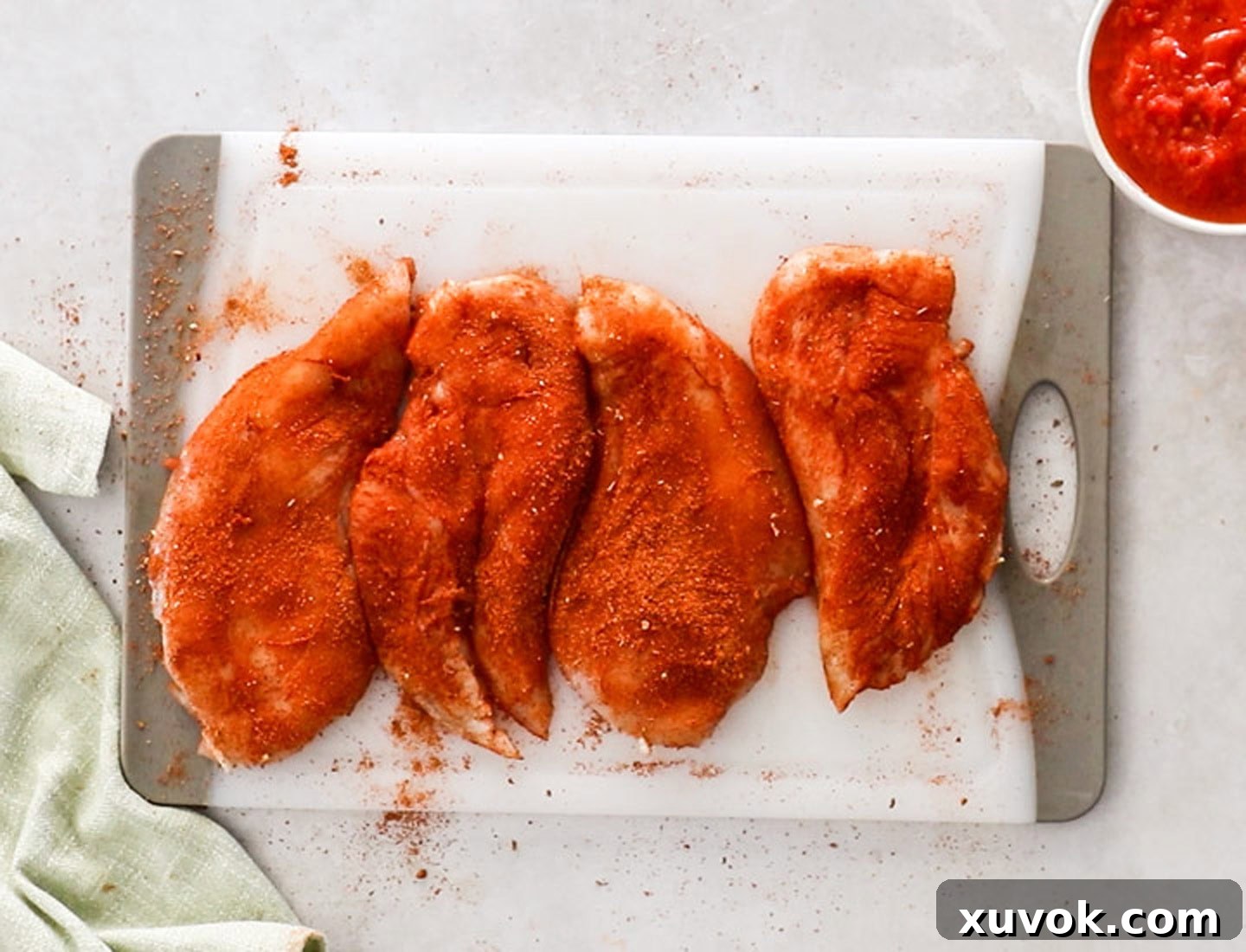 Four chicken breasts expertly coated with vibrant taco seasoning, ready for searing, displayed on a clean chopping board.