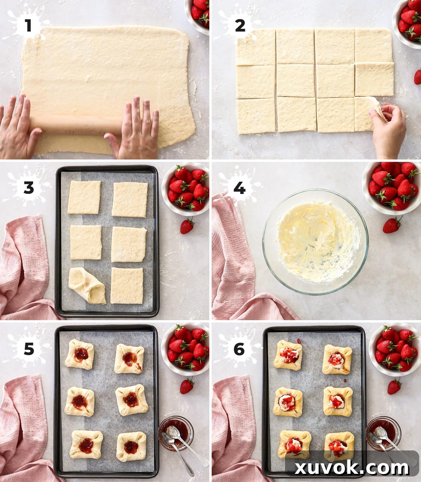 A collage of 6 images showing the step-by-step process of assembling the strawberry Danishes.