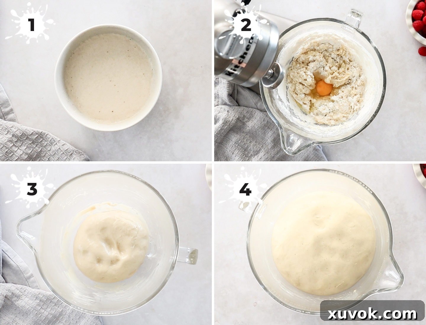 A collage of 4 images showing how to make the dough.