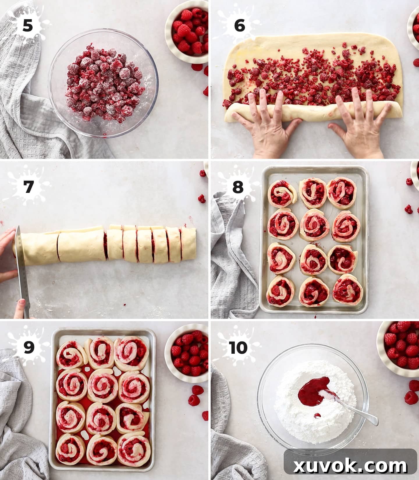 A collage of 6 images showing how to assemble the raspberry rolls.