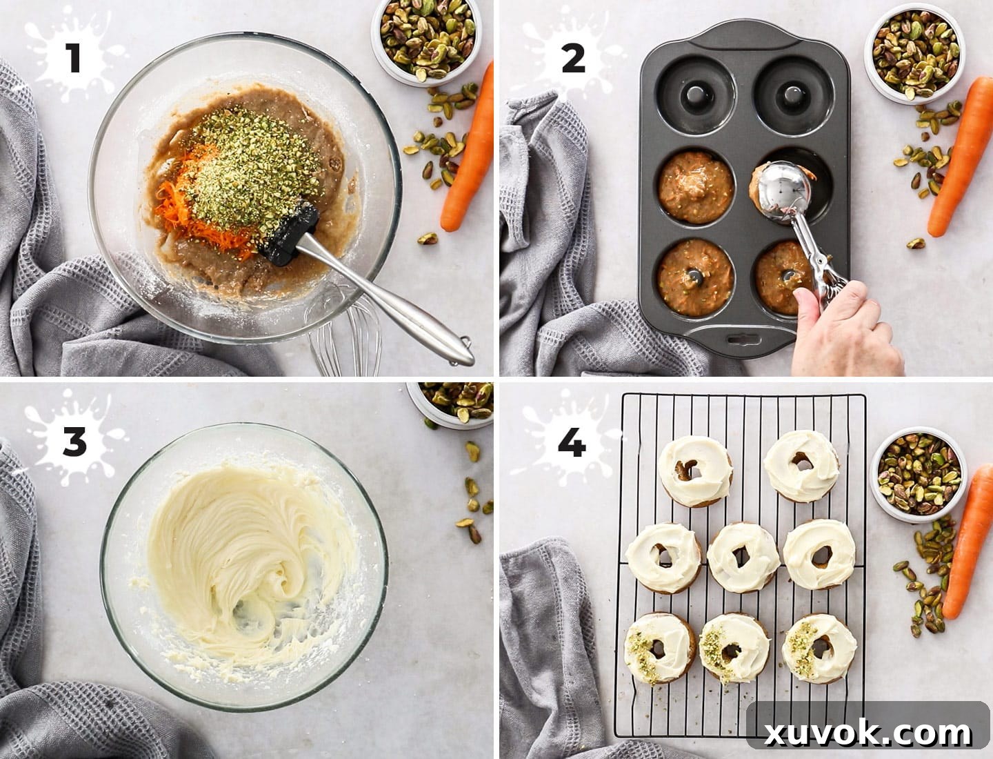 A collage of 4 images showing how to make carrot cake donuts.