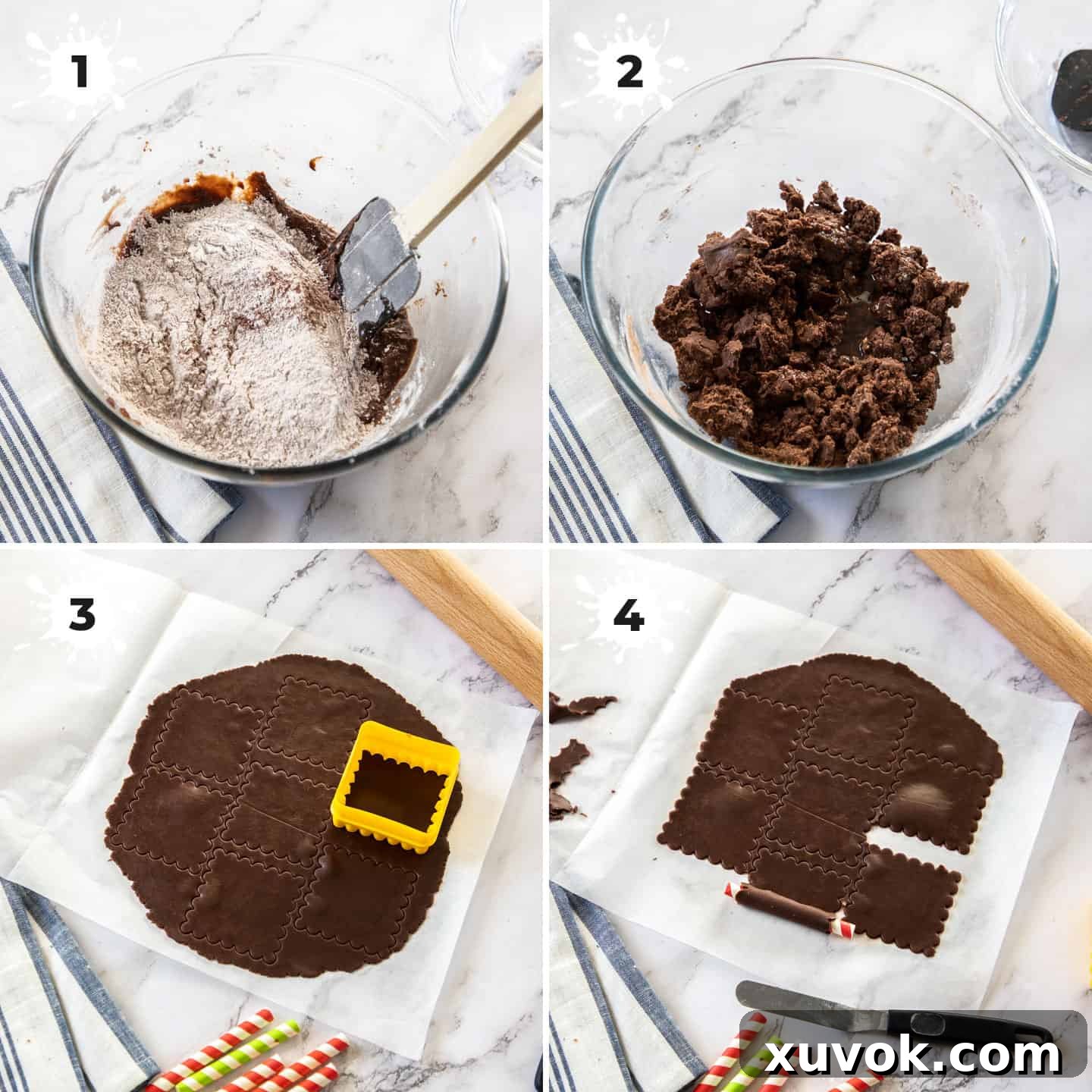 A detailed collage of 4 images illustrating the initial stages of cookie preparation: mixing the dough and rolling it out perfectly for cutting.