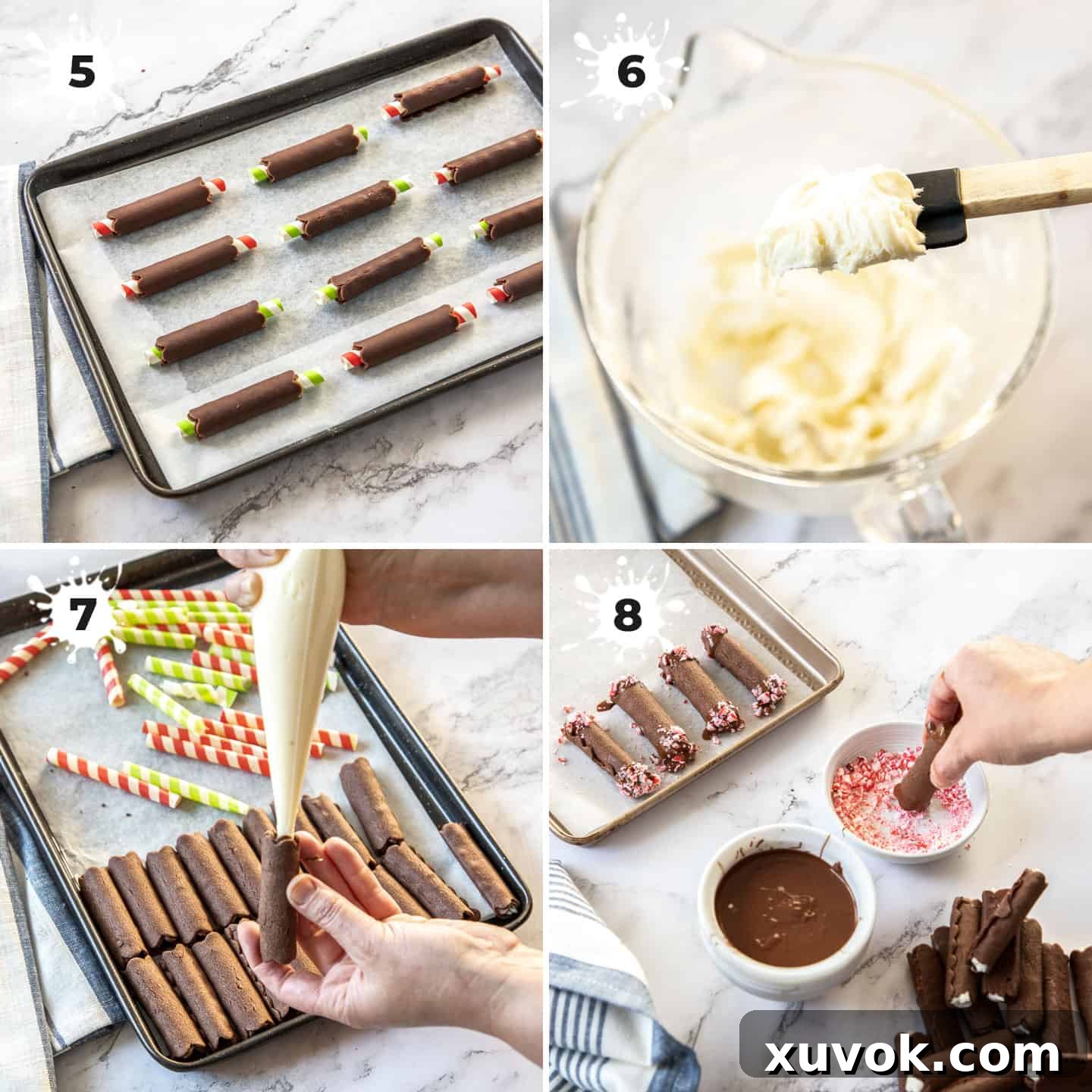 A sequence of 4 images demonstrating the final stages of decorating and filling the chocolate roll cookies with peppermint fondant and candy cane sprinkles.
