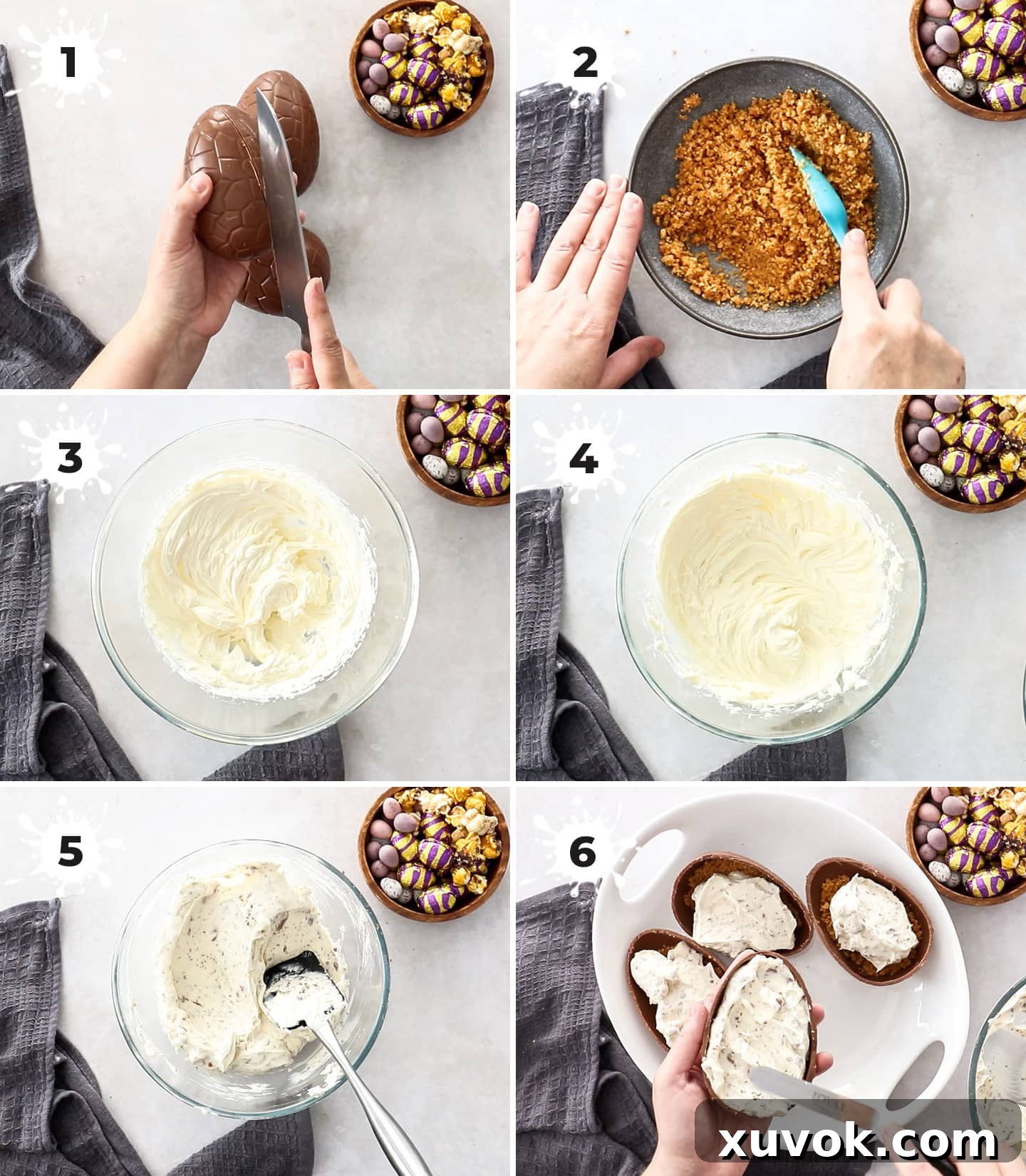 A visual guide showing a collage of 6 images detailing each step of making Easter egg cheesecakes, from cutting eggs to decorating.