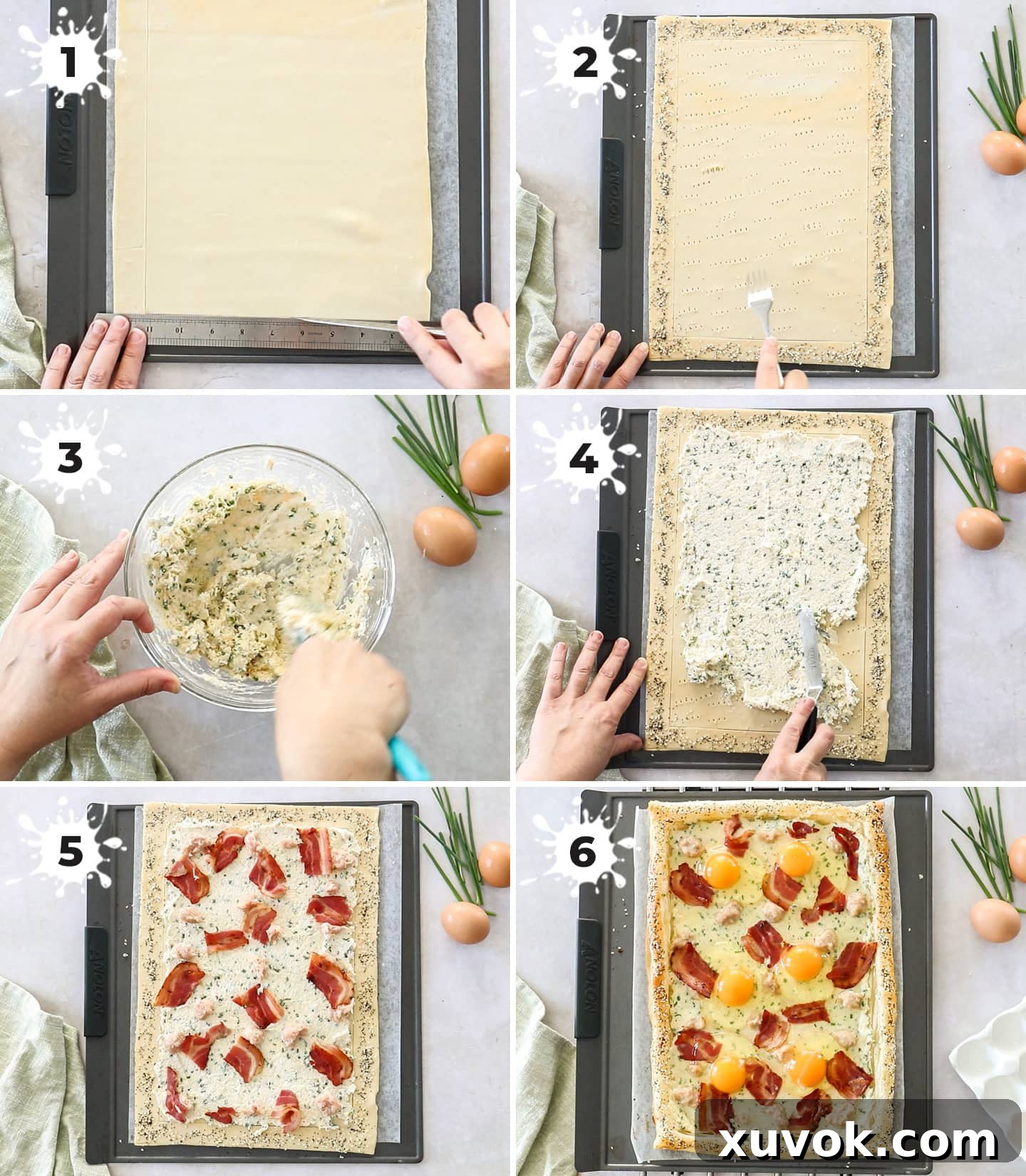 A collage of 6 images showing how to make breakfast tart.