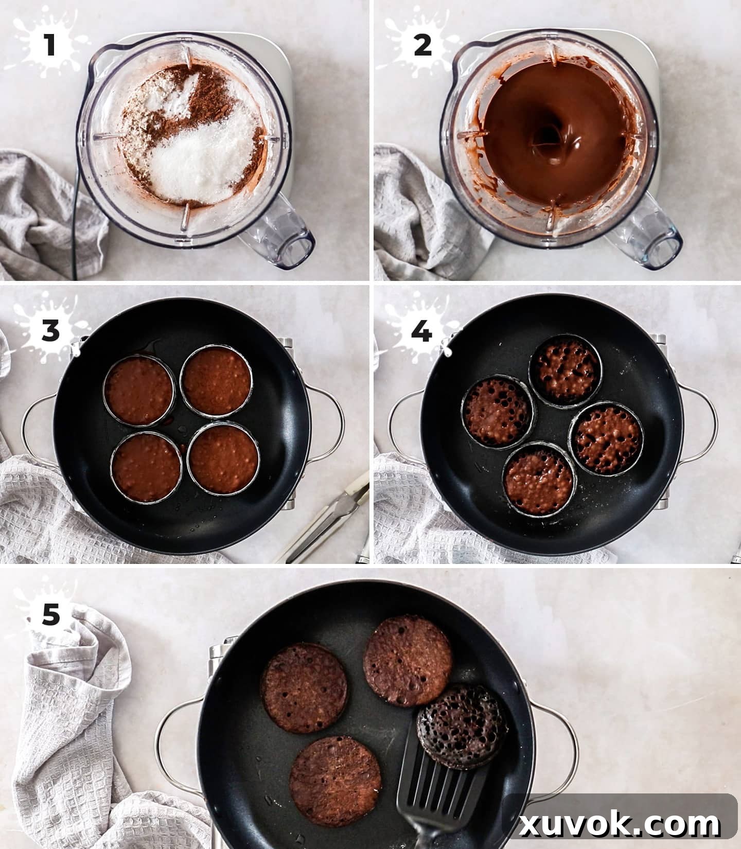A collage of 5 images illustrating the step-by-step process of making chocolate crumpets, from blending the batter to cooking in rings and the final flip.