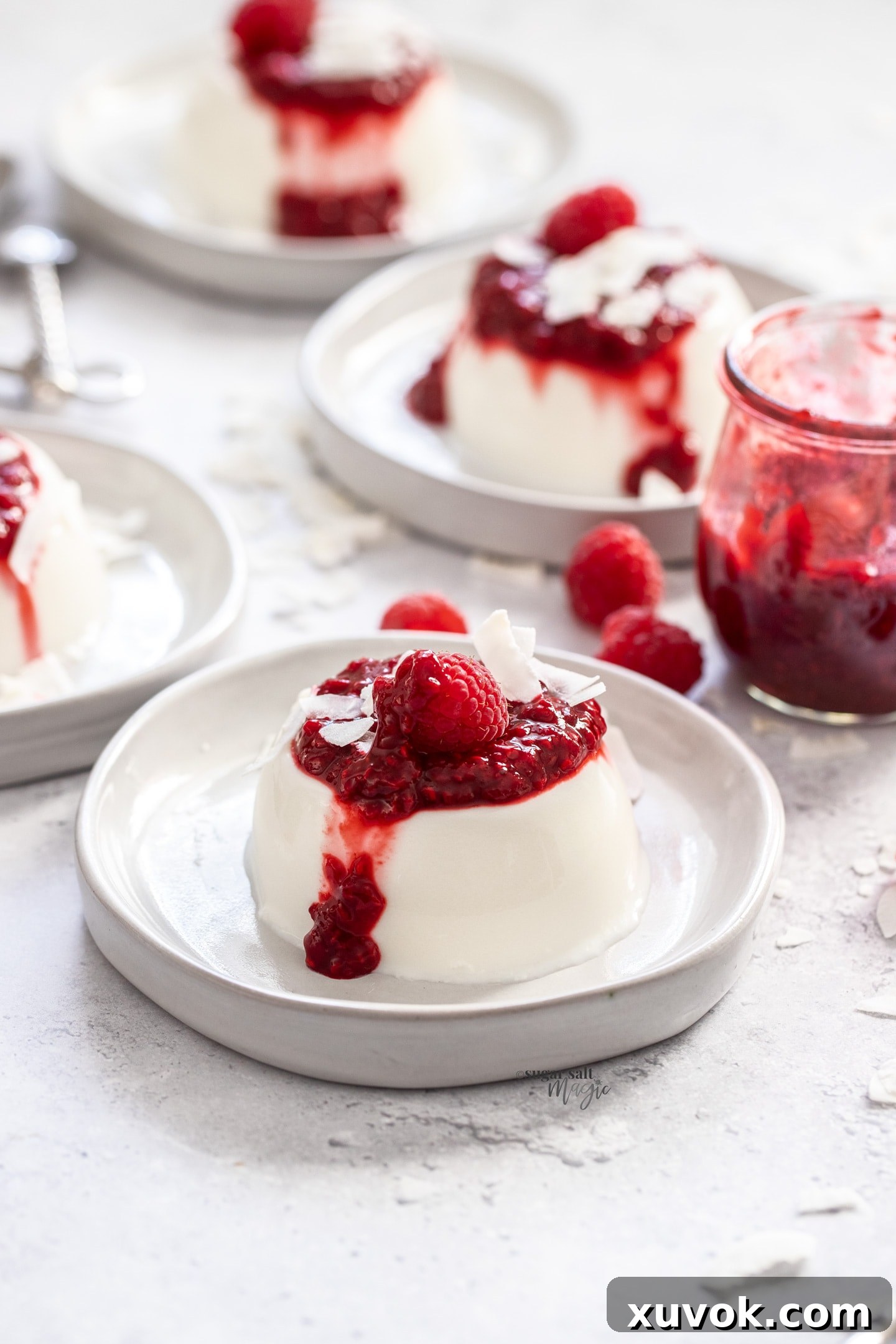 A coconut panna cotta topped with raspberry sauce on small grey dessert plate.