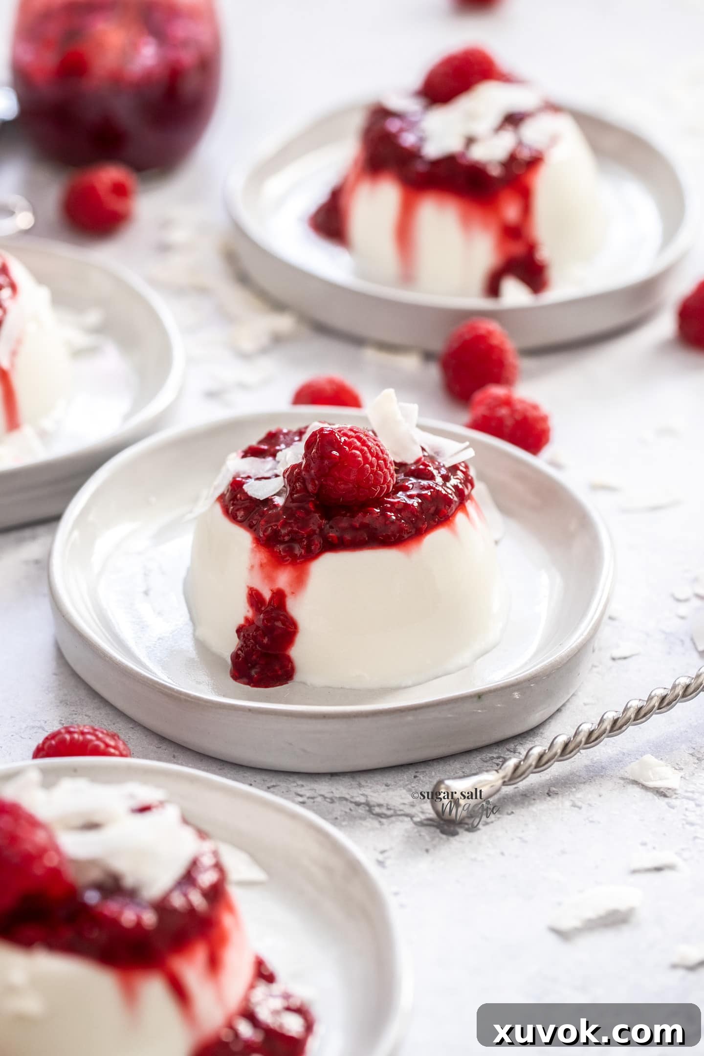 4 coconut panna cottas on dessert plates, topped with raspberry sauce.