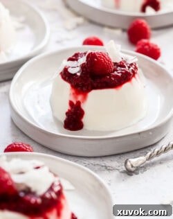 Closeup of a coconut panna cotta on a dessert plate, topped with raspberry sauce.