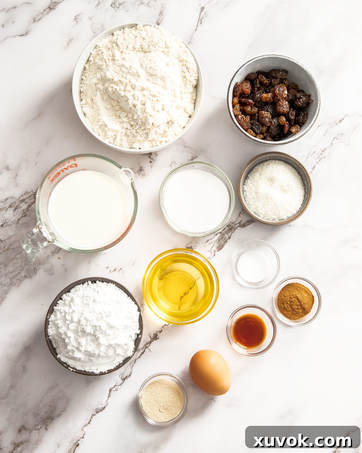 Ingredients for iced buns.
