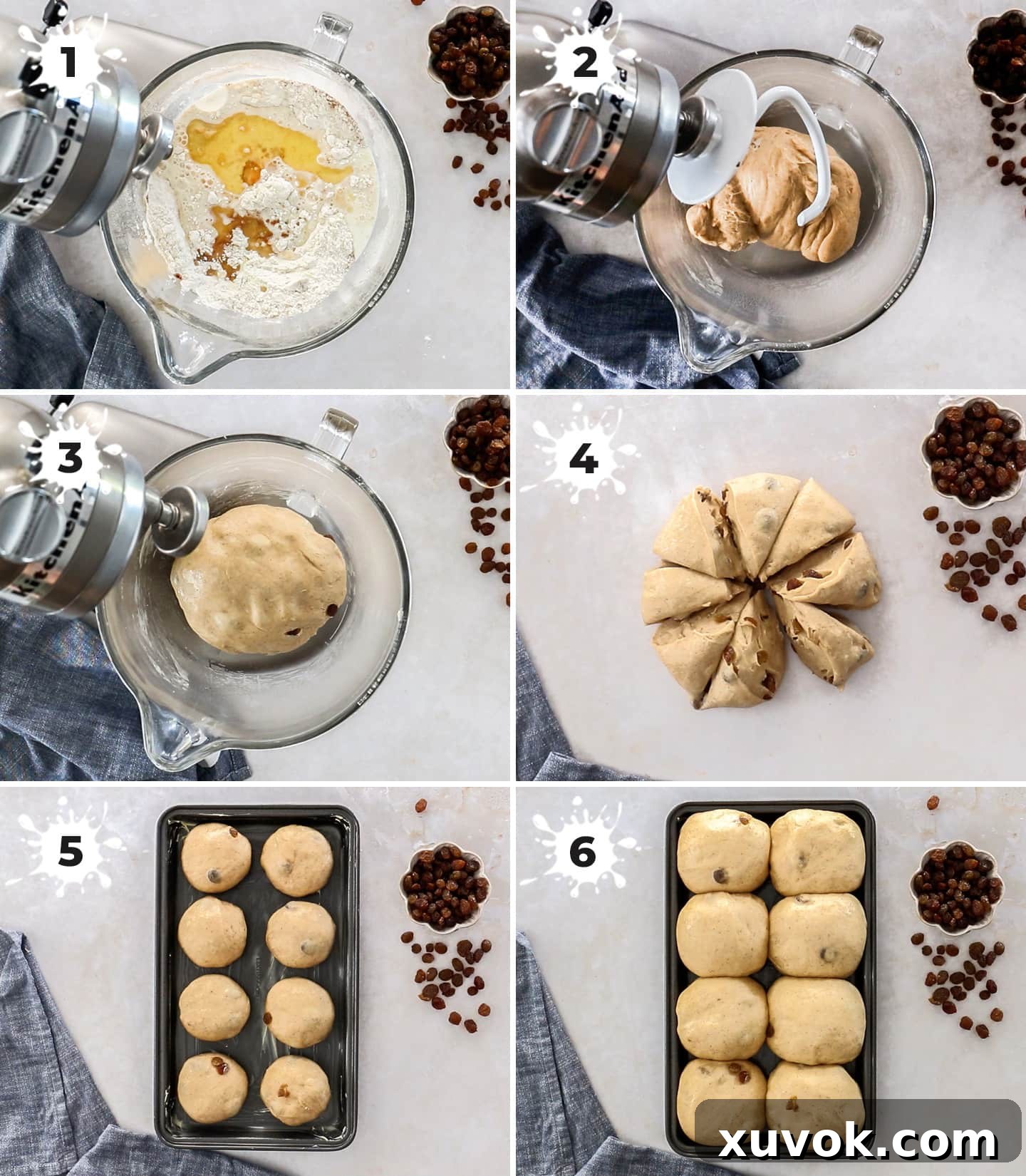 A collage of 6 images showing how to make the iced buns.