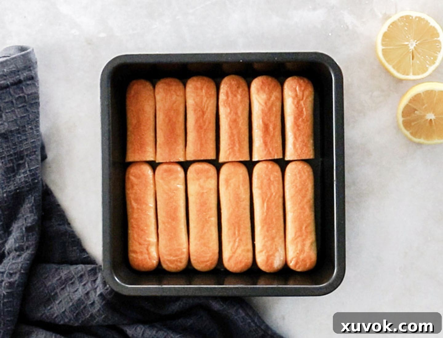 The ladyfingers in the baking pan.