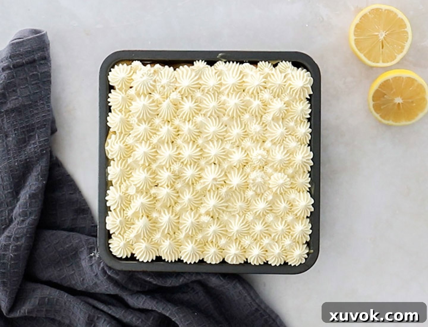The top of the lemon tiramisu with the cream mixture piped in stars.