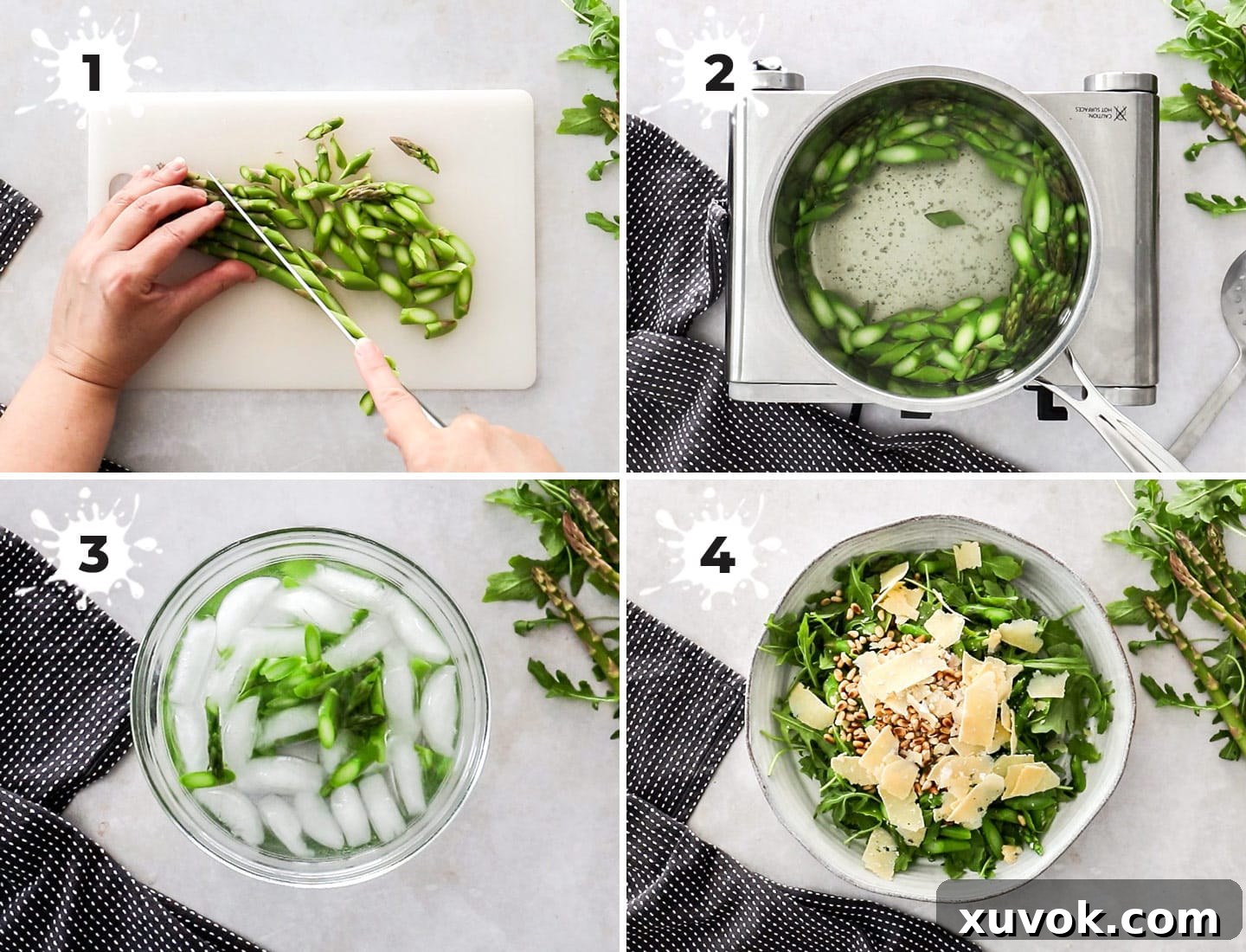 A collage of 4 images demonstrating the preparation steps for rocket and parmesan salad: snapping asparagus, blanching, making dressing, and assembling.