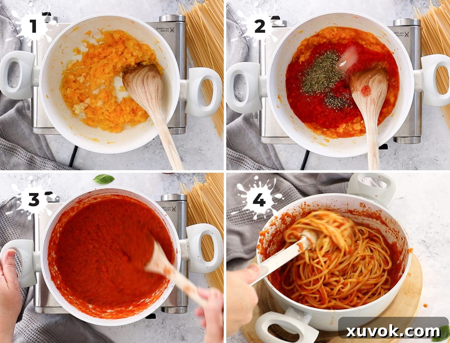 A vibrant four-panel photographic collage illustrating the sequential steps to prepare Pasta Napoletana. The images depict from top left: sautéing aromatic vegetables, simmering the rich tomato sauce, combining the cooked pasta with the sauce, and finally, a finished bowl of pasta ready for serving, garnished with basil.