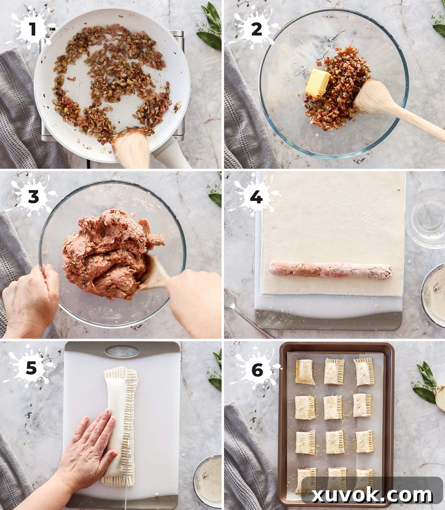 A visual step-by-step collage demonstrating the process of making turkey sausage rolls, from mixing the filling to shaping and baking.