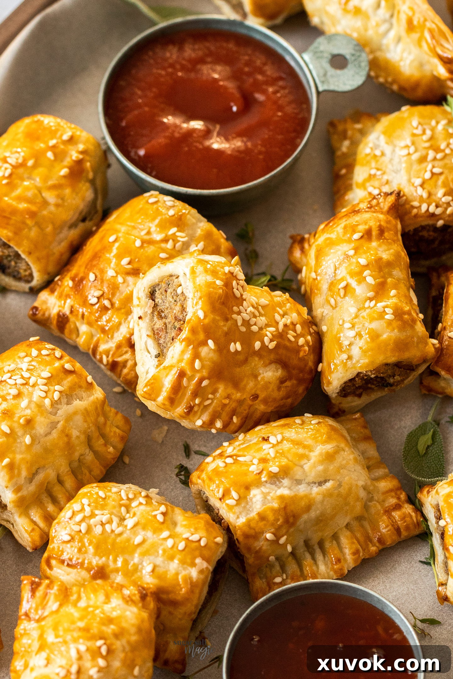 A top-down view of golden-brown turkey sausage rolls arranged on a platter, with a small pot of cranberry sauce alongside for dipping.